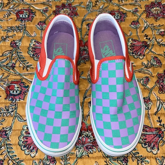 Crazy Check Cherry Toma Classic Slip On Vans Unisex Womens 6.5 Mens 5 - Picture 2 of 8